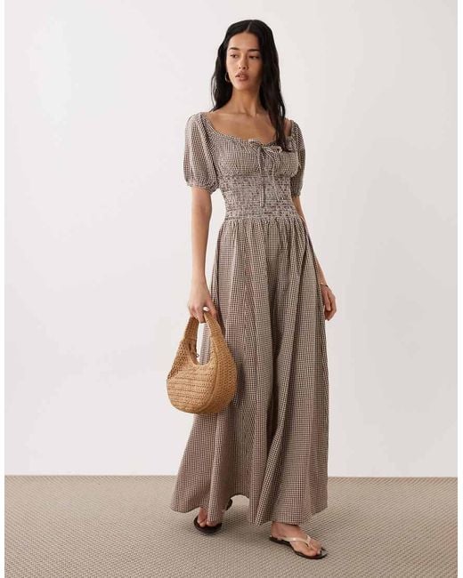 esmé studios Natural Puff Sleeve Tie Front Beach Maxi Dress