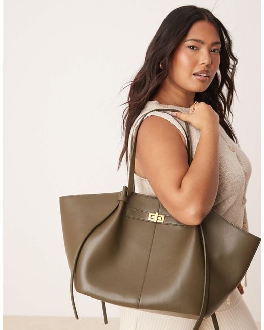 Gina Tricot Natural Faux Leather Medium Tote Bag With Strap And Clutch Detail