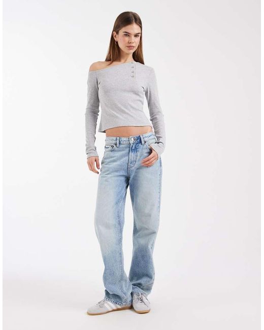 ASOS Gray Off The Shoulder Long Sleeve Top With Button Detail