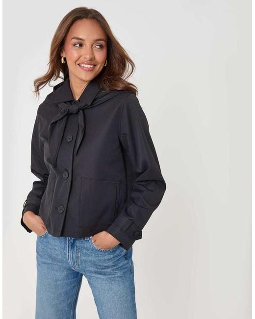 Threadbare Blue Scarf Detail Cropped Trench Coat