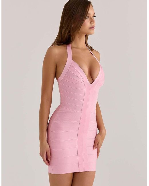 House Of Cb Pink The Contour Lychee Sculpting Halter V Waist Mini Bandage Dress