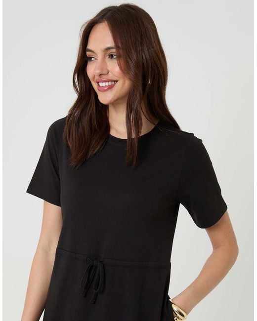 Threadbare Black Drawstring Waist Side Split Cotton Jersey Midi Dress