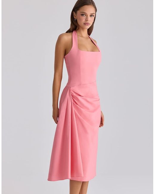House Of Cb Pink Ysabella Warm Rose Print Cotton Midi Sundress