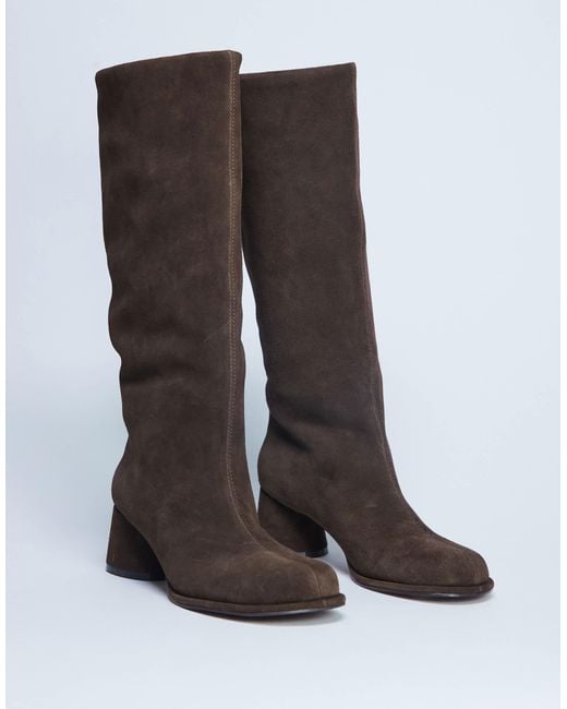 TOPSHOP Brown Thea Real Suede Knee High Block Heel Boot