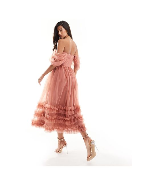 LACE & BEADS Pink Off Shoulder Ruffle Tulle Midaxi Dress
