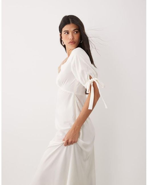 Y.A.S Pink V Neck Lace Trim Romantic Satin Midi Dress With Tie Sleeve Details