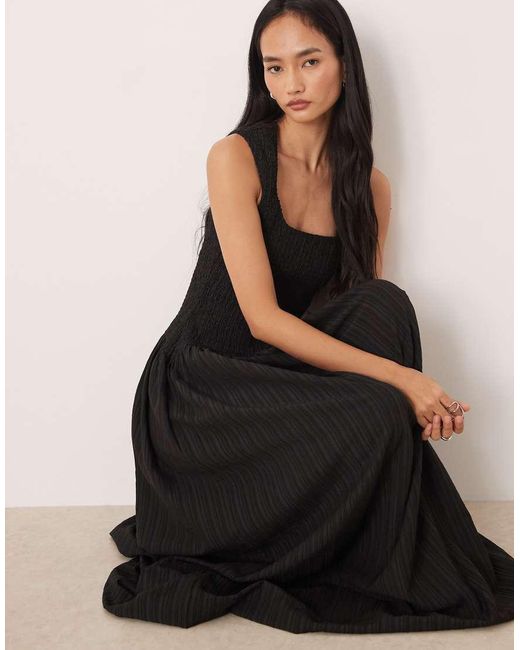 ASOS Black Crinkle Scoop Neck Maxi Sundress With Shirred Waist