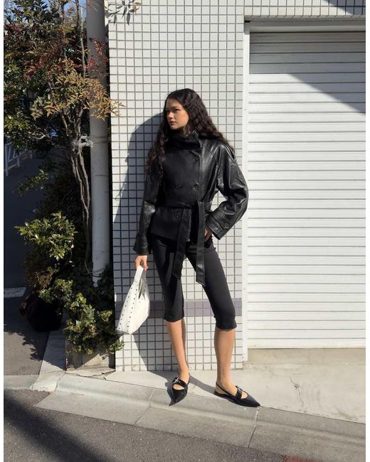Bershka Black Short Leather Effect Trench Coat