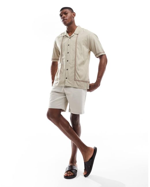 Threadbare Overhemd Met Korte Mouwen En Linnenlook En Boorddetail in het Natural voor heren