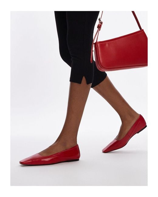 TOPSHOP Red Blakely Premium Leather Square Toe Ballet Flats