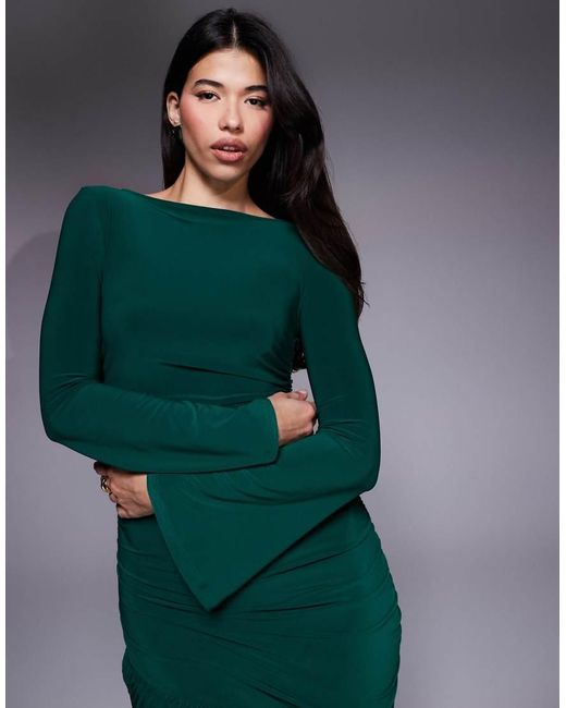 ASOS Green Sculpting Gauged Panelled Maxi Dress With Long Sleeves