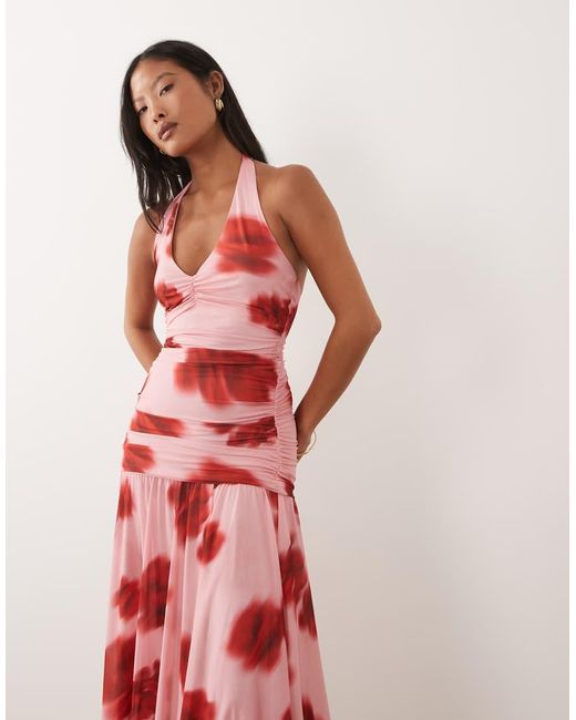 Forever New Red Mesh Halter Neck Ruched Drop Waist Maxi Dress