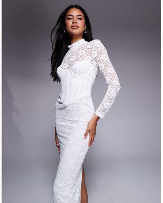 Bardot Carmen Lace Corset Long Sleeve Midi Dress in Blue | Lyst