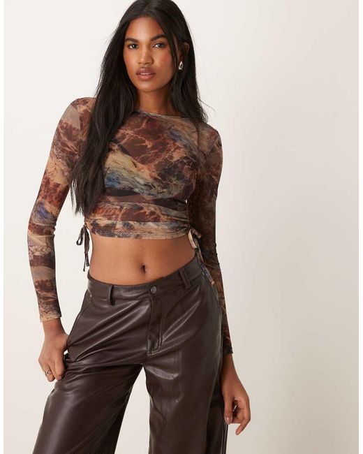 New Look Brown Ruched Side Mesh Top