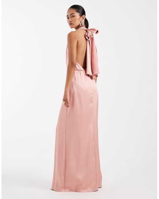 TFNC London Pink Bridesmaid Satin Plunge Halter Neck Tassel Detail Maxi Dress