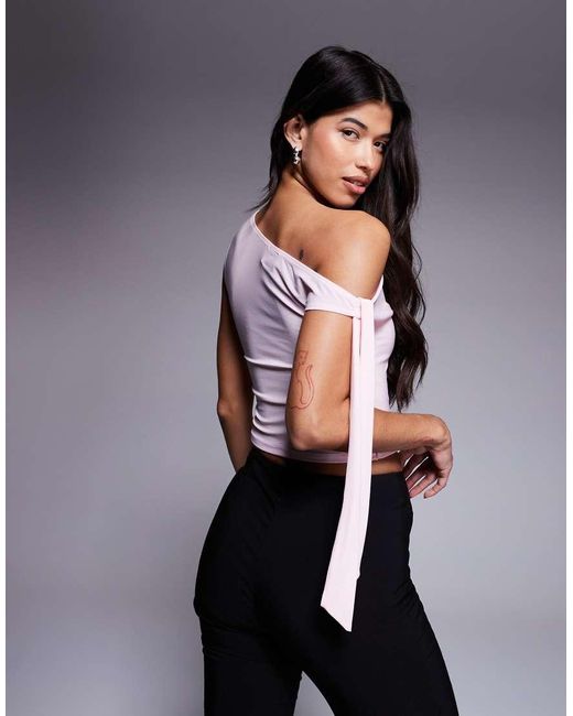 ASOS Pink Slinky Off The Shoulder Top With Bow Tie Details