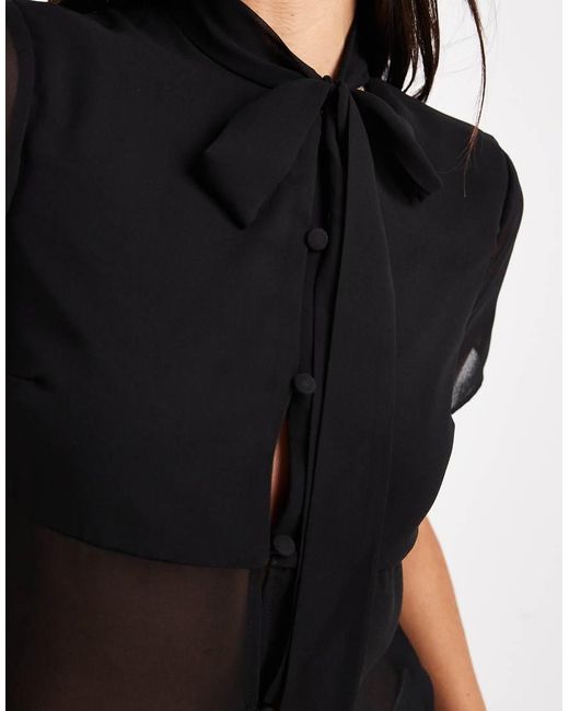 ASOS Black Button Front Tie Neck Sheer Top