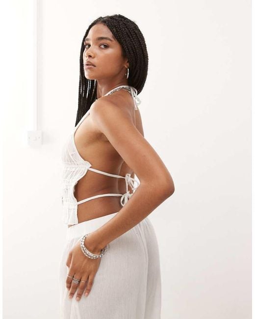 Collusion White Textured Halter Neck Backless Top