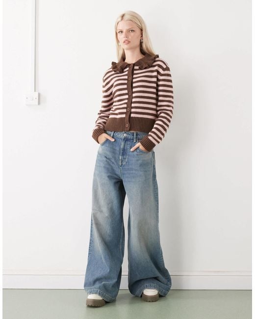 Collusion Brown Stripe Knitted Cardi With Frill Collar
