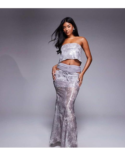 ASOS Purple Asos X The Sourced Collection Sequin Ruched Maxi Skirt Co-ord