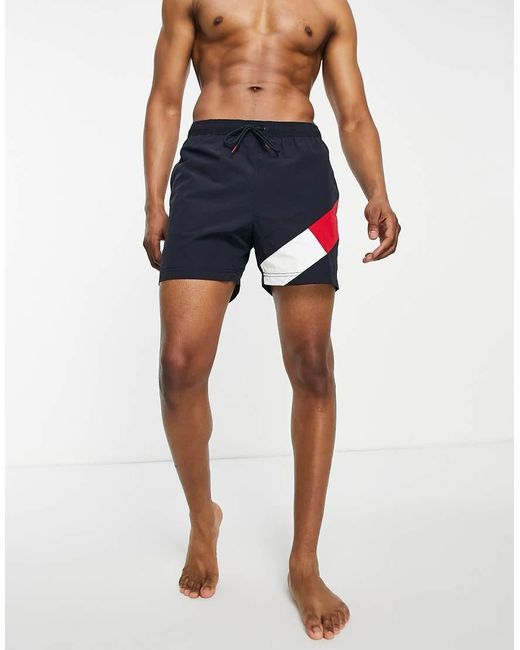Tommy Hilfiger Blue Flag Leg Logo Mid Length Swim Shorts for men