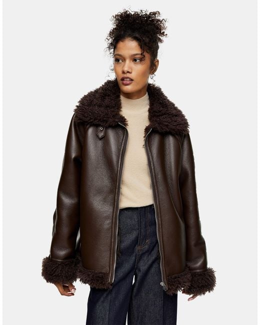 TOPSHOP Faux-leather Biker Jacket With Faux-fur Trim in Brown | Lyst