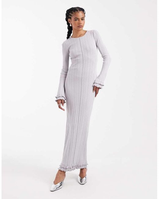 4th & Reckless Ribbed Knit Lettuce Edge Hem Long Sleeve Seam Front Maxi  Dress in White | Lyst UK