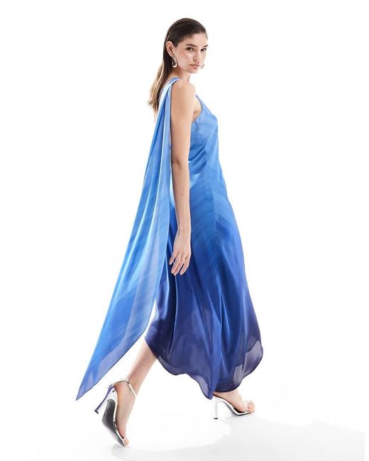 Mango Blue One Shoulder Satin Midi Dress