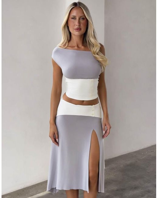 Tiger Mist Gray Alyssa Drape Off Shoulder Contrast Button Detail Top Co-ord