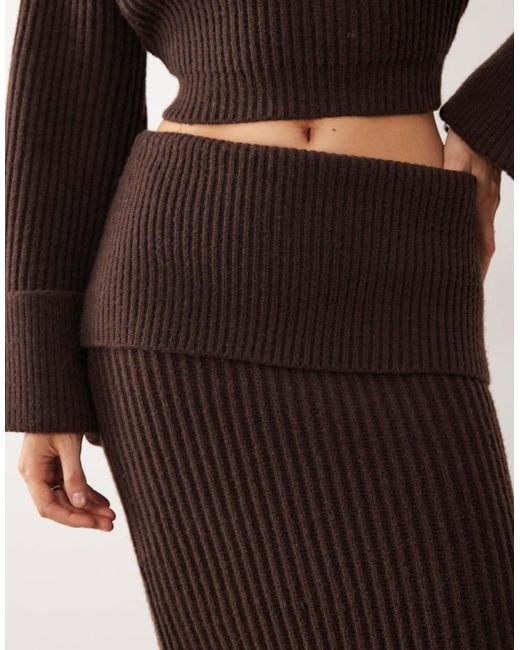 Wanderdoll Brown Mabel Wool Blend Knitted Fold Waist Maxi Skirt Co-ord