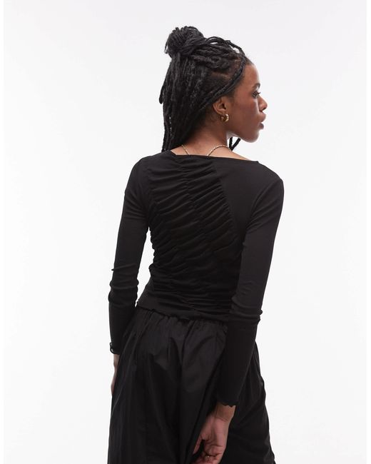 Top froncé à manches longues TOPSHOP en coloris Black