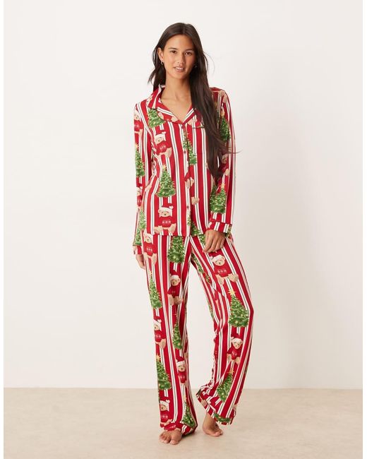 Chelsea Peers Red His & Hers Poly Long Sleeve Camp Collar Pajama Set