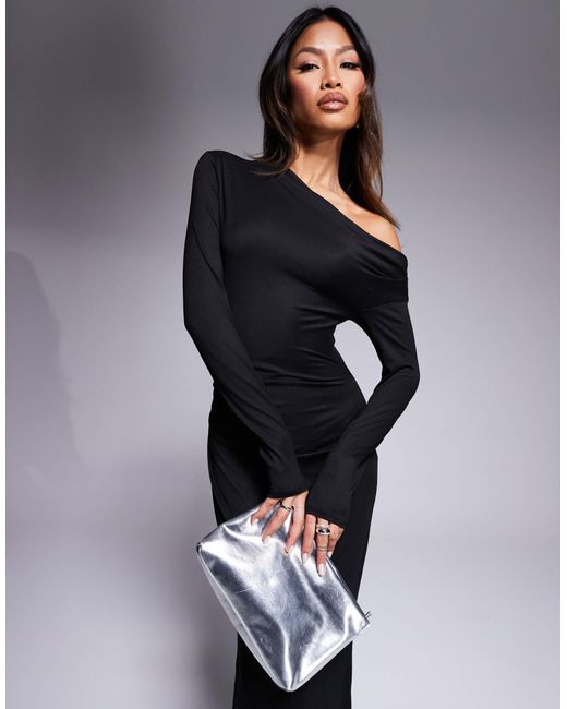Robe mi-longue froncée sur le côté à manches longues et épaule tombante ASOS en coloris Blue