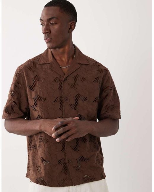 River Island Brown Boxy Lace Detail Fabric Block Shirt for men