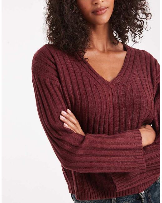 Brave Soul Red Deep V-neck Ribbed Jumper
