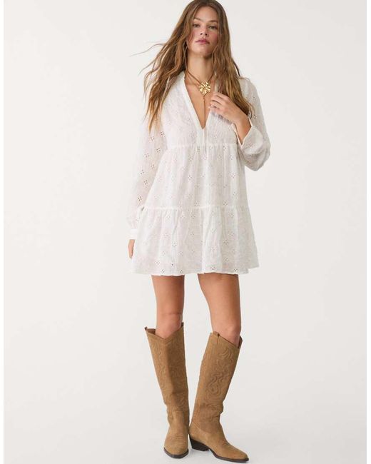 Stradivarius White Mini Dress With Embroidery
