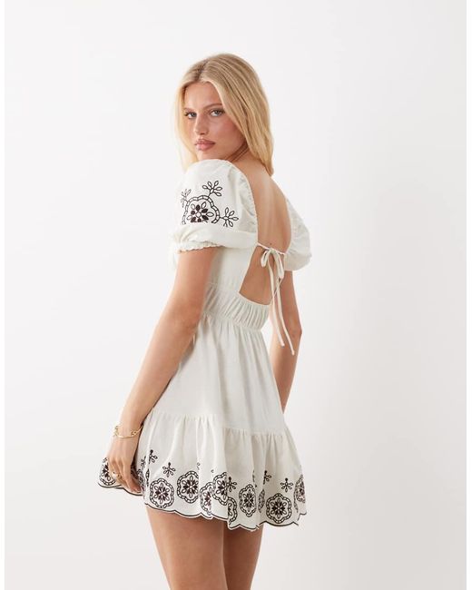 Miss Selfridge White Puff Sleeve Milkmaid Mini Dress With Embroidery