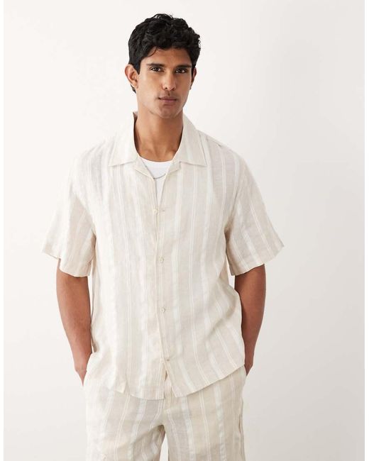 Mango White Linen Blend Short Sleeve Striped Shirt for men