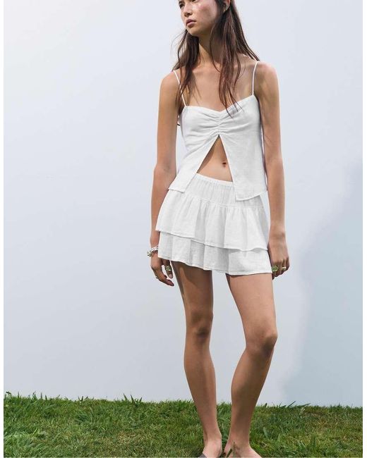 Pull&Bear Mini Rok Van Linnenmix Met Ruches in het White