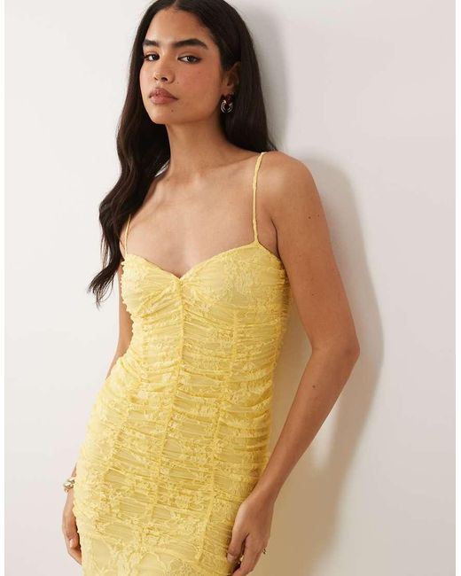 ASOS Natural Mesh Fishtail Maxi Dress With Lace Trim Detail And Ruched Bodice