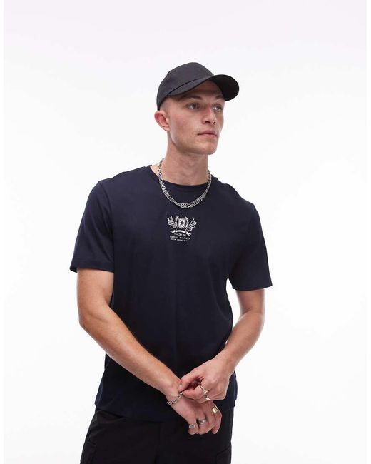 Tommy Hilfiger Blue Embroidered Crest Logo T-shirt for men