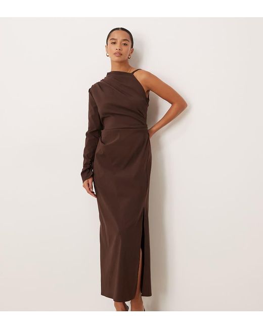 ASOS Brown Asos Design Petite One Shoulder Draped Midi Dress