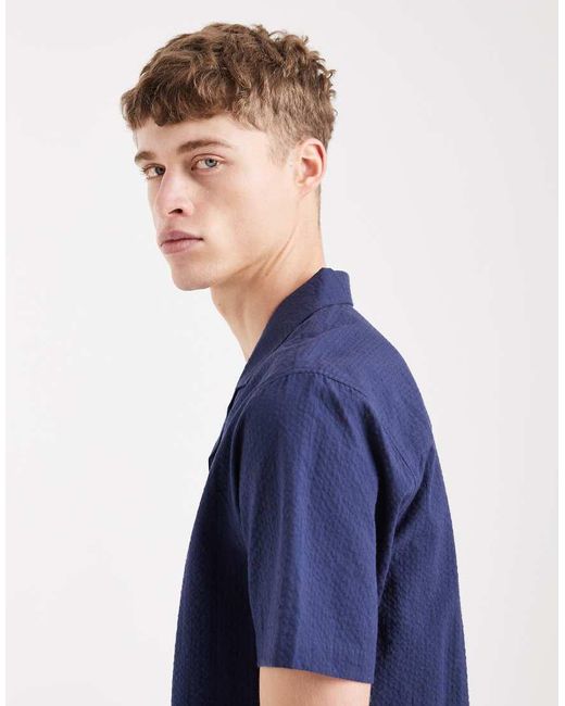 Aray Blue Short Sleeve Seersucker Beach Shirt