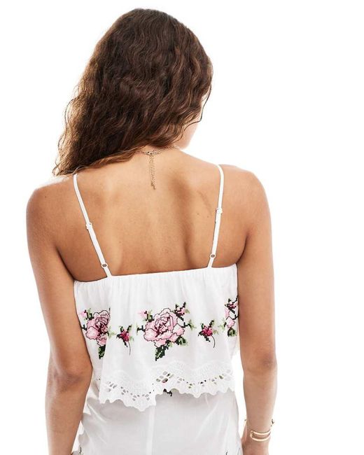 Reclaimed (vintage) White Cami Top With Floral Tablecloth Embroidery