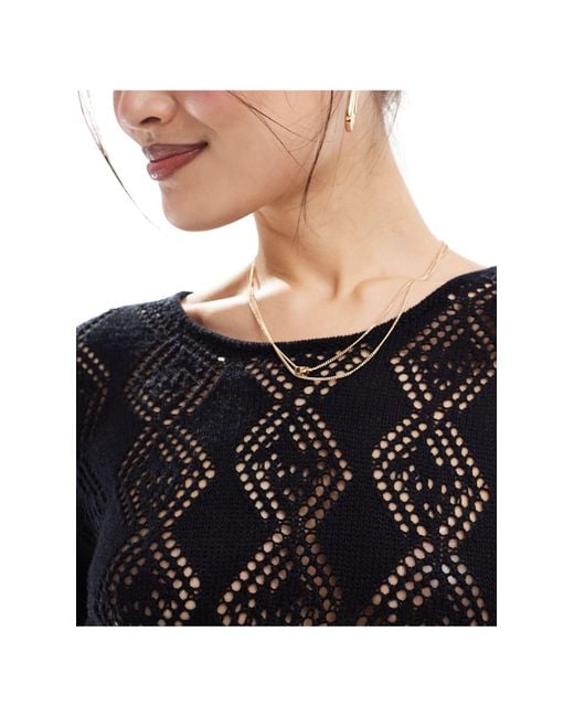 In The Style Black Knitted Crochet Long Sleeve Beach Mini Dress
