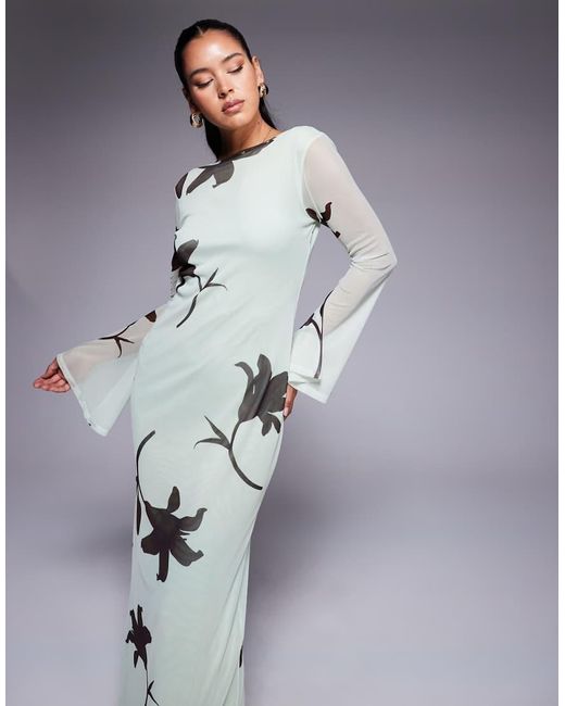 ASOS Gray Low Back Floral Mesh Maxi Dress With Angel Sleeves