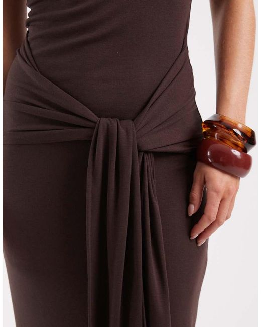 4th + Reckless Petite Brown Soft Jersey Scoop Neck Halterneck Drape Tie Front Maxi Dress