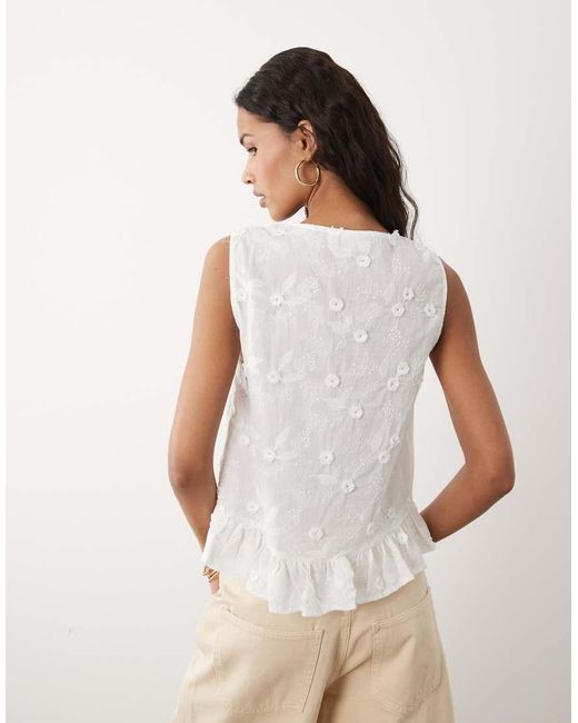 Vila White Floral Applique Cotton Top With Frill Trim