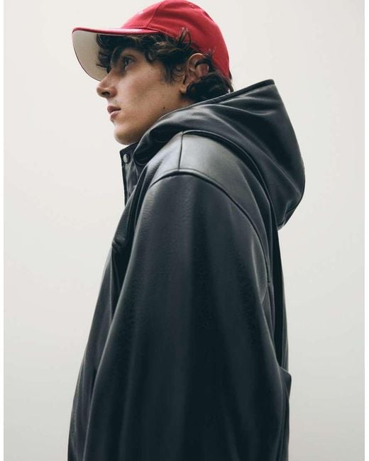 Bershka Blue Hooded Leather Effect Jacket for men