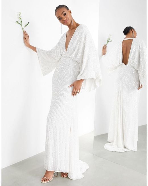 ASOS White – ciara – strassbesetztes brautkleid mit kimonoärmeln